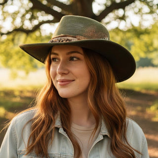 Rustic Cowgirl & Fedora Hat With Distressed Fabric & Wood Beaded Band
