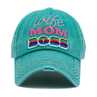 Turquoise Vintage Distressed Baseball Cap Featuring ' Wife Mom Boss' Embroidered Detail
