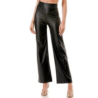 Black High Rise Straight Leg Vegan Leather Pants