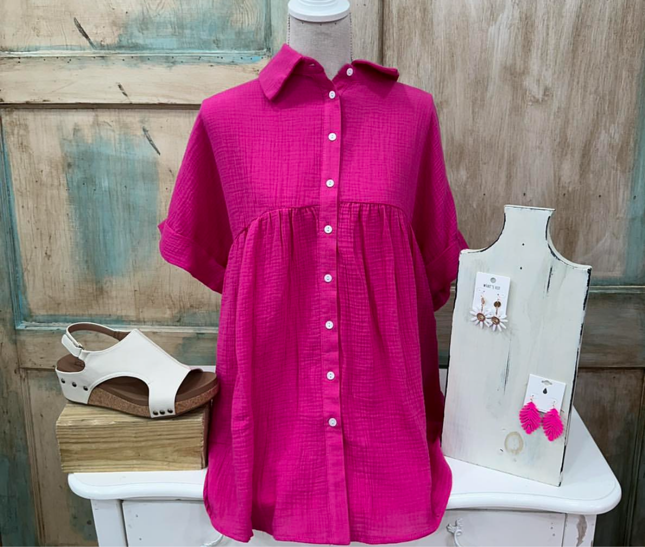 Curvy Hot Pink Button Down Baby Doll Top w/ Dolman Sleeves