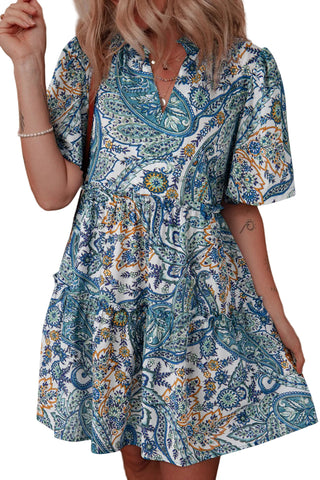 Blue Paisley V Neck Mini Dress