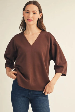 Curvy Brown Drop Shoulder 3/4 Sleeve Solid V Neck Top