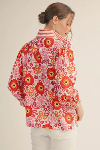 Red Mixed Floral 3/4 Sleeve Top with Striped Contrast