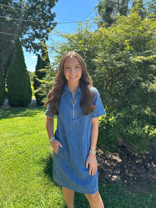 Denim Zip Up Collar Short Sleeve Dress w/ Pockets