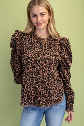 Leopard Collarless Lightweight Jacket w/ Ruffled Shoulders Final Sale
