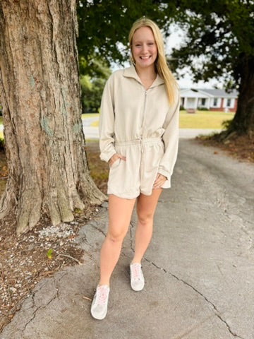 Ecru Long Sleeve Knit Romper