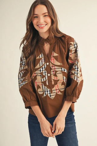 Brown 3/4 Sleeve Top with Plaid Contrast Baroque Applique