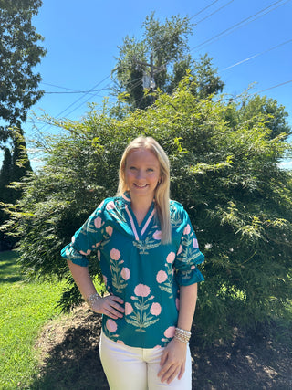 Teal Floral Print with Striped Contrast Top