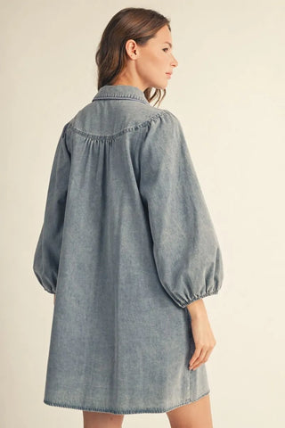 Light 3/4 Puff Sleeve Button Down Denim Dress