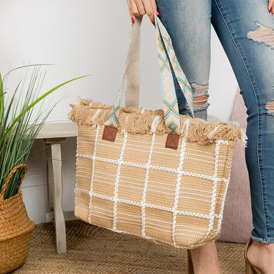Woven Cotton Checkered Tote Bag With Top Fringe Detail And Coordinating Strap  (2 Colors)