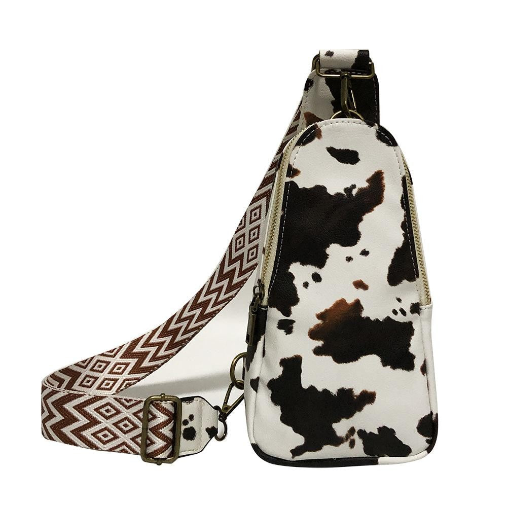 Cow Print Vegan Leather Sling Bag With Detachable Guitar Strap