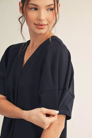 Navy Drop Shoulder Puff Sleeve Shift Dress w/ Pockets