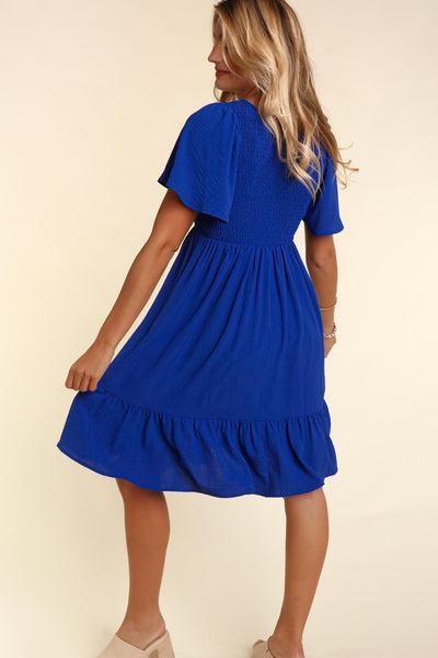 ROYAL BLUE FIT AND FLARE SOLID DRESS WITH SIDE POCKETS