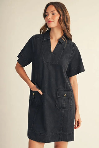 Black Short Sleeve Garment Washed Casual Shift Dress