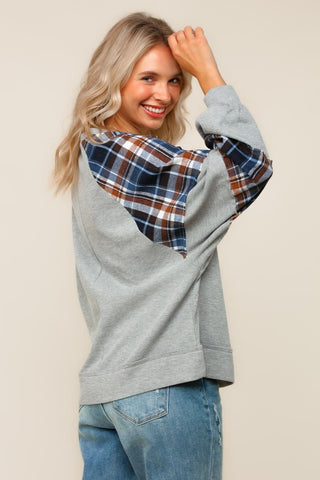 Curvy Grey/Navy Solid Thermal Knit Plaid Woven Loose Fit Top Final Sale