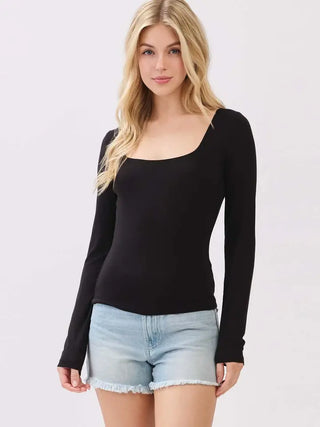 Black Double Layer Square Neck Long Sleeve Basic Top