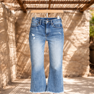 Medium Wash High Rise Straight Raw Hem Cropped Denim Jeans