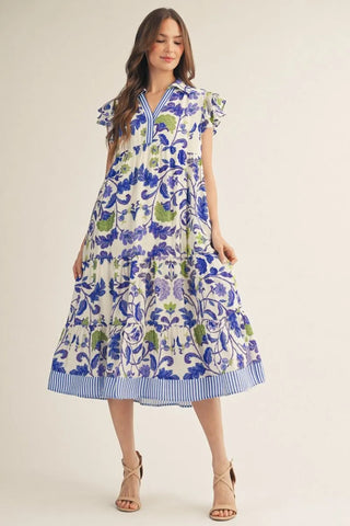 Blue Mix Layered Ruffle Sleeve Floral Midi Dress w/ Pockets FINAL SALE