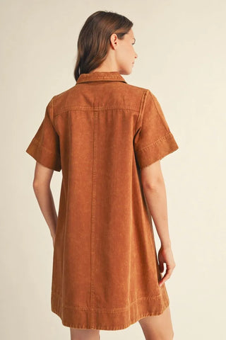 Camel Short Sleeve Garment Washed Casual Shift Dress