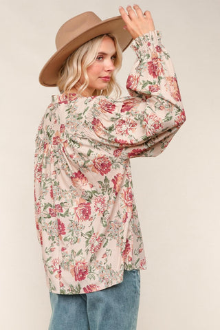 Taupe Notched Neck Floral Print Woven Blouse Final Sale