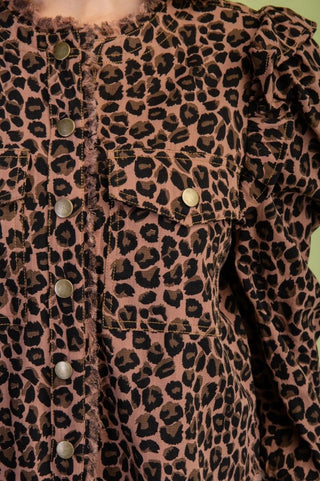 Leopard Collarless Lightweight Jacket w/ Ruffled Shoulders Final Sale