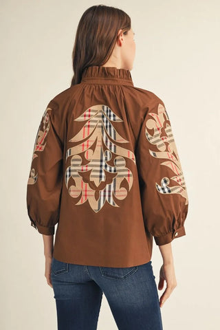 Brown 3/4 Sleeve Top with Plaid Contrast Baroque Applique