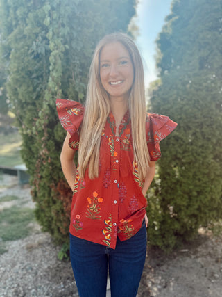 Brick Botanical Print Top w/ Flutter Sleeves Final Sale