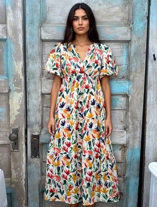 Red Mix V-Neck Puff Sleeve Midi Dress Final Sale