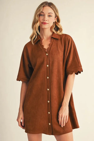 Camel Half Sleeve Button Down Faux Suede Dress w/ Pockets