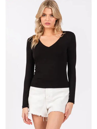 Black Double Layer V-Neck Basic Top