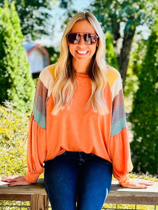 CURVY PUMPKIN ROUND NECK RAGLAN MULTICOLOR STRIPE PRINT TOP Final Sale