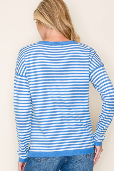 BLUE STRIPED LONG SLEEVE CREW NECK PULLOVER SWEATER