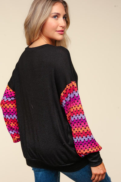 CURVY MULTICOLOR CROCHET PRINT LONG SLEEVE TOP