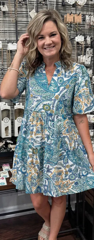 Blue Paisley V Neck Mini Dress