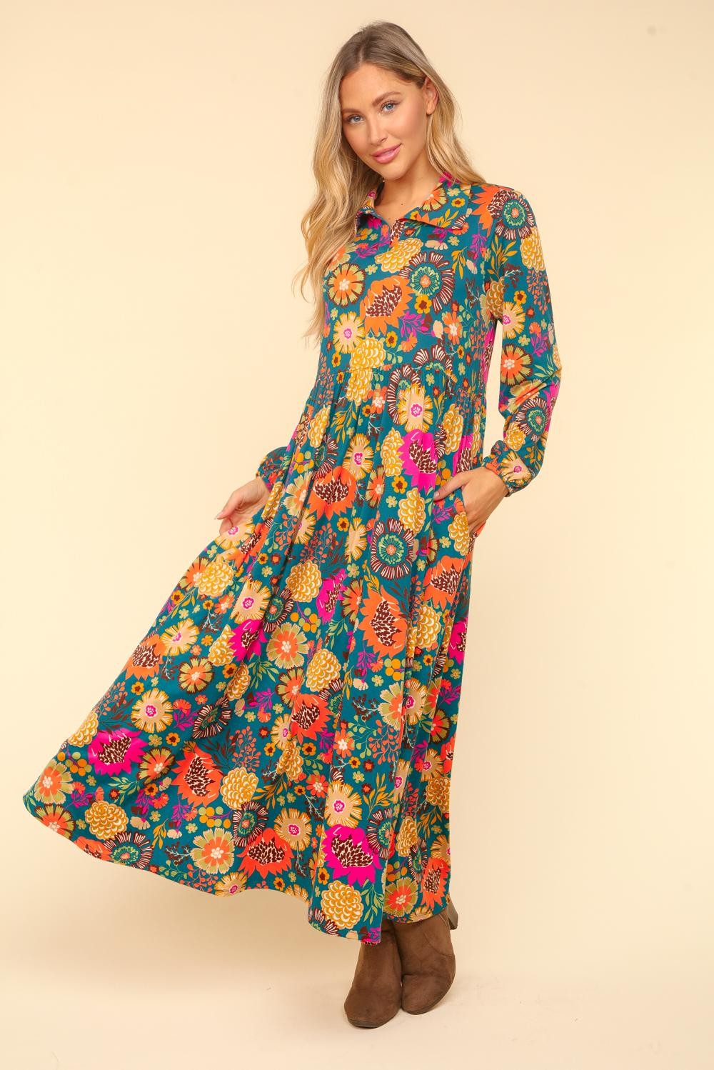 TEAL BUTTER SOFT COLLARED MAXI FLORAL DRESS WITH SIDE POCKETS