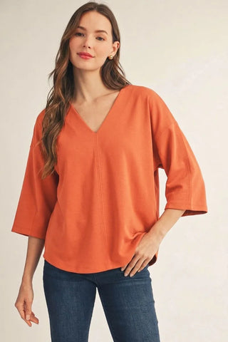 Terracotta 3/4 Sleeve Solid V-Neck Top