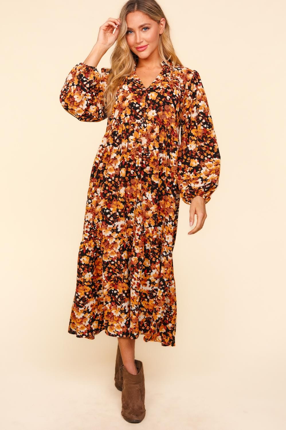 CURVY BABYDOLL FLORAL MAXI DRESS WITH SIDE POCKETS