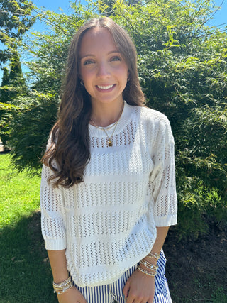 White 3/4 Sleeve Open Knit Sweater