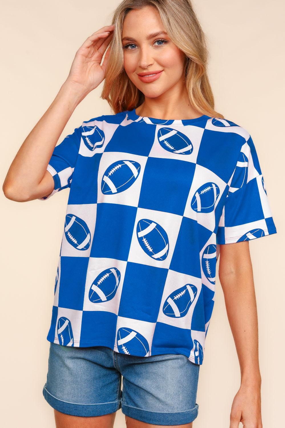 BLUE GAME DAY FOOTBALL, CHECKER PRINT KNIT TOP