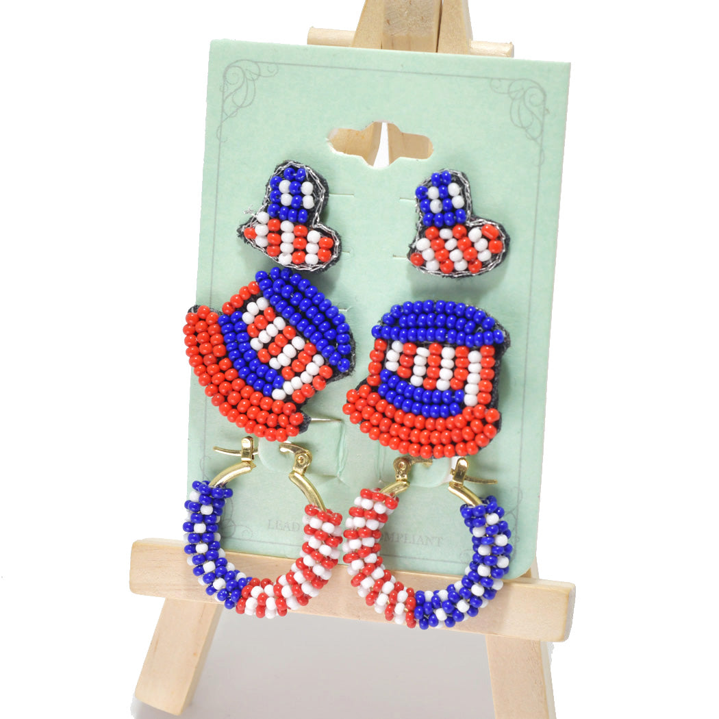 American Flag Theme Seed Bead Earring 3 Pair Set