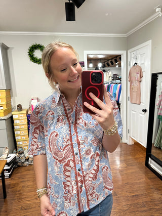 Light Blue Floral Print Scalloped Button Down Top