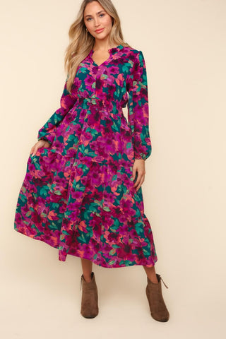 CURVY FLORAL MAXI LENGTH SMOCKED WAIST WOVEN DRESS w/ POCKETS Final Sale