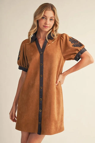 Taupe Puff Sleeve Button Down Faux Suede Dress w/ Pockets