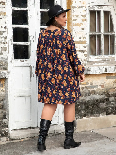 Curvy Floral V-Neck Balloon Sleeve Dress