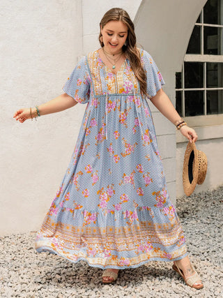 Curvy Light Blue Printed Tie Neck Flutter Sleeve Maxi Dress Final Sale