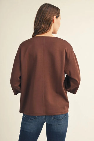 Curvy Brown Drop Shoulder 3/4 Sleeve Solid V Neck Top