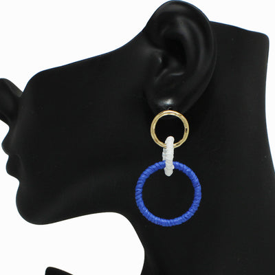 White/Royal Blue Straw Rattan Geometric Dangle Earring