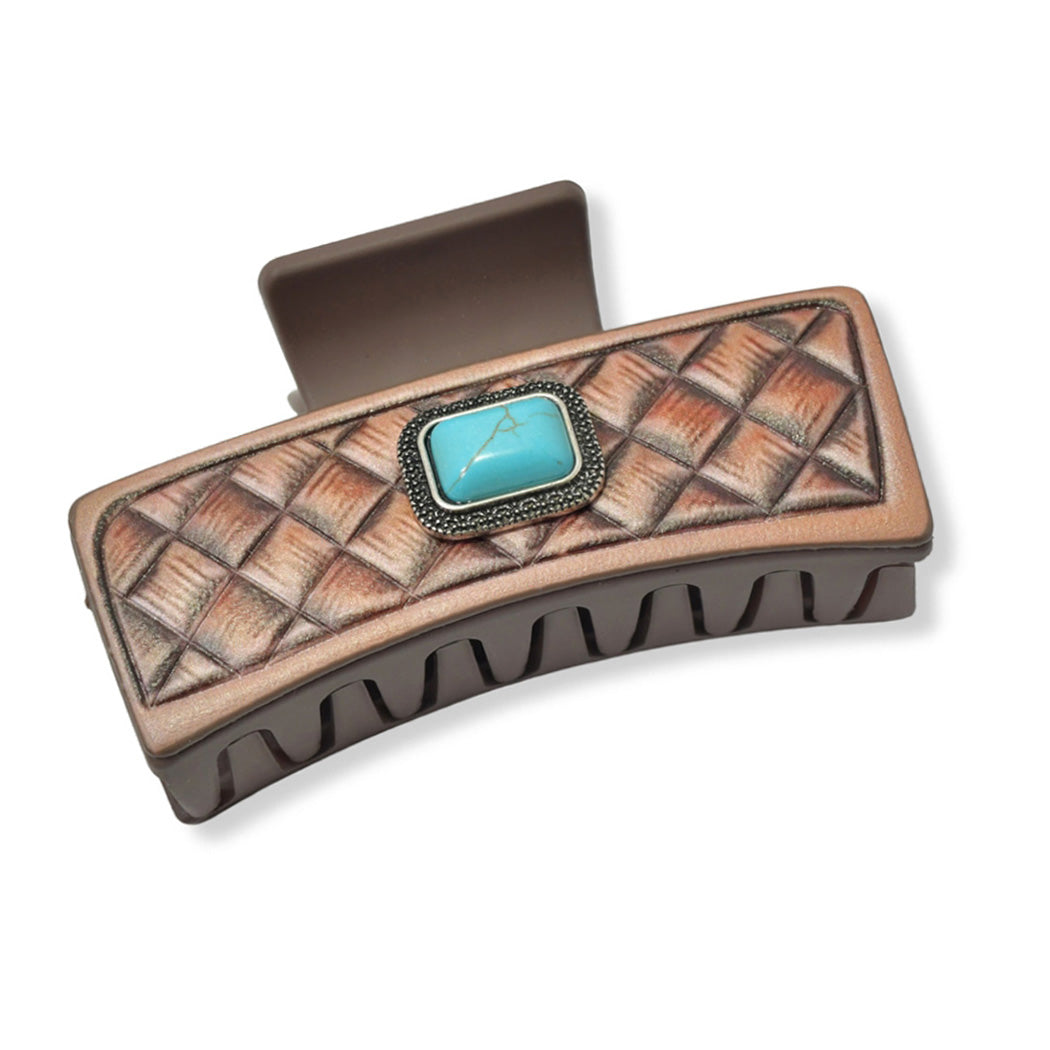 Embossed Turquoise Stone Leather Rectangular Grander Hair Claw