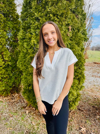 Ivory Striped Y-Neck Top