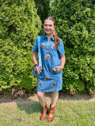 Sequin Football Denim Shift Dress w/ Pockets